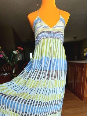 Striped V-Neck Spaghetti Strap Maxi Dress in Blue, Green & White